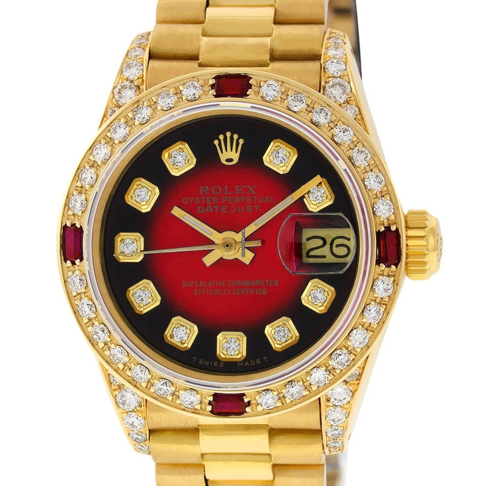 A buon mercato Replica Rolex Lady Datejust 18k Yellow Gold President Red Diamond Dial Ruby