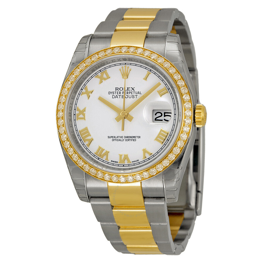 Orologio falso Rolex Oyster Perpetual Datejust 36 quadrante bianco in acciaio inossidabile e cinturino in oro giallo 18 carati Orologio automatico da donna 116243wro
